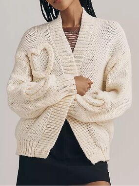 Anthropologie Maeve Heart Icon Open-Front Cardigan Sweater in Cream NWT
